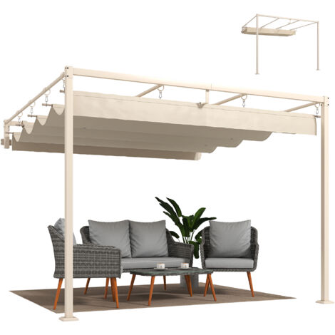 Pergola addossata 3x3 m con tetto scorrevole retrattile UV30+ e fori di drenaggio, beige