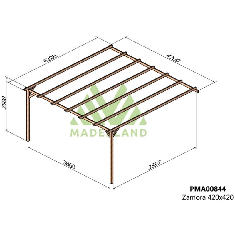 

Pérgola Adosada de madera maciza Modelo Zamora Maderland 420x420 cm
