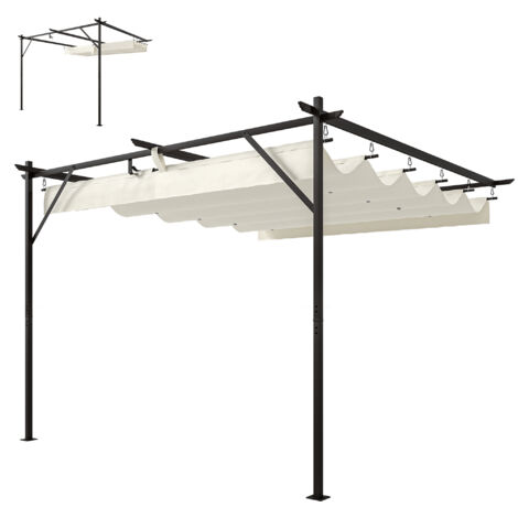Pergola adossée 3x3 m avec toit coulissant et trous de drainage, beige