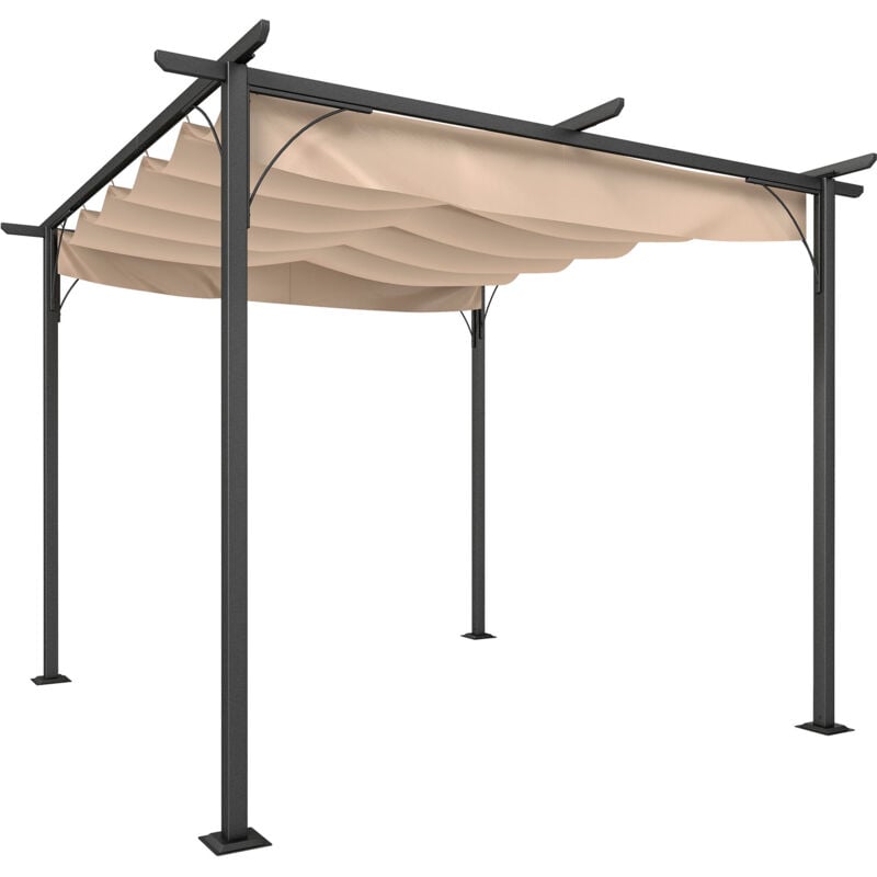 Pergola rétractable 3L x 3l x 2,30H m structure métal époxy anticorrosion noire + toile polyester haute densité 180 g/m² incluse beige