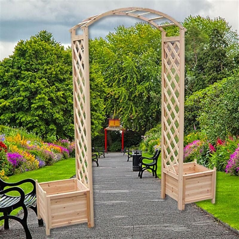 Arco de rosas con jardinera rejilla enrejado arco de jardín columna de rosas soporte para plantas de madera macetero maceta puerta