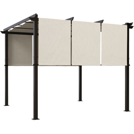 Pergola avec 3 toiles coulissantes 3 x 3 x 2,38 m structure acier noir toile polyester haute densité beige