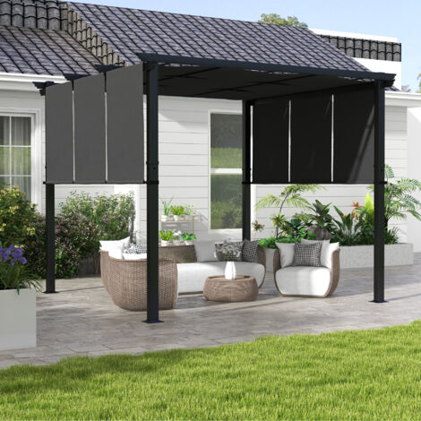 Pergola avec 3 toiles coulissantes 3L x 3l m structure métal époxy anticorrosion toile polyester gris