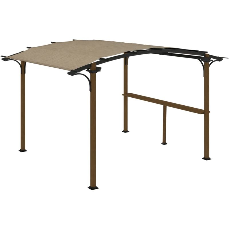 Pergola avec comptoir toit arche alu acier aspect bois noir toile grège