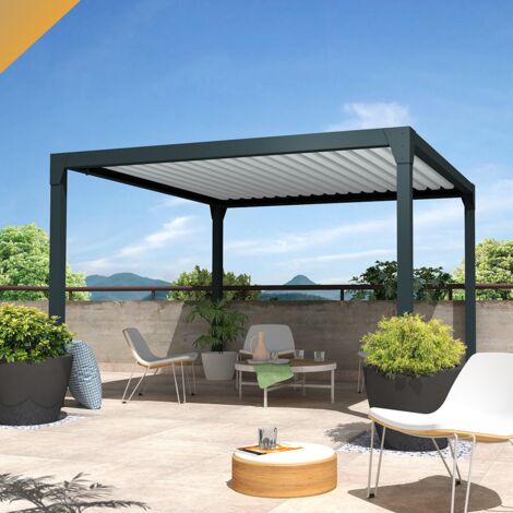 Pérgola bioclimática autoportante GREGAL 3,50x4,00 M Cilindro con mando a distancia (Gris/Blanco)