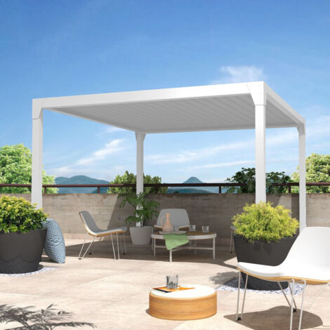 Pergola bioclimatica BERYL autoportante 3,50x4,00 M Motorizzata a Telecomando (Bianco satinato RAL9010)