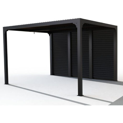 Pérgola bioclimática de 360x300cm, altura 235cm, en aluminio con cortinas laterales en un lado de 3,60m