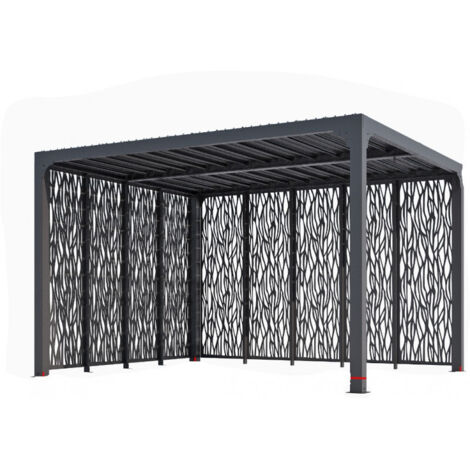 Pérgola bioclimática de aluminio 360x300 con lamas y paneles en dos lados gris antracita