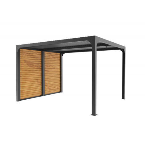 Pérgola bioclimática de aluminio antracita 360x300 cm – Lamas orientables 90° – Con parasoles efecto madera – 10,80 m² – PER3630VBBI Foresta