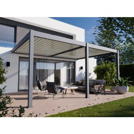 Pergola bioclimatique autoportée lames orientables 11 m² + rideau store  latéral - Habrita