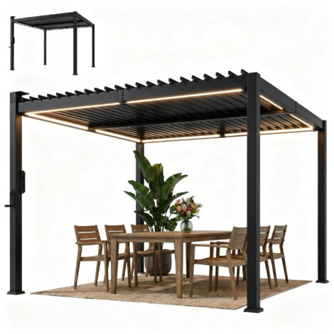 Pergola bioclimatique 3x3 m lumières LED solaires lames orientables gouttières noir
