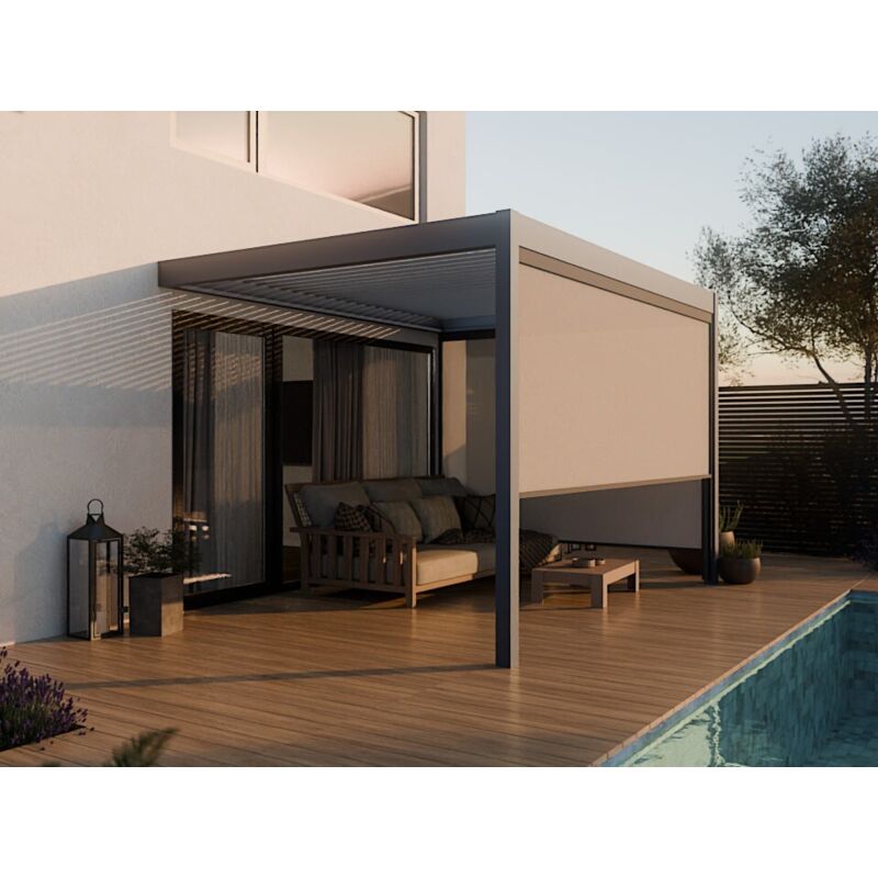 Direct Abris - Pergola Bioclimatique Aluminium Adossée 12m2 - 3x4m - Deux Stores Inclus - Anthracite - 29 Lames en Acier galvanisé - Inclinable à 90°