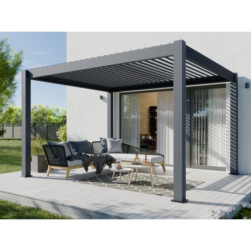 Direct Abris - Pergola Bioclimatique Aluminium Autoportée 12m2 - 3x4m - Anthracite - 24 lames en Acier Galvanisé Inclinables a 90° - Auvent