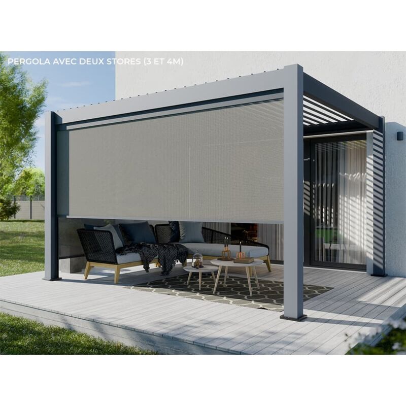 Pergola Bioclimatique Aluminium Autoportée 12m2 - 3x4m - Deux Stores Inclus - Anthracite - 24 lames en Acier Galvanisé Inclinables a 90° - Tonnelle