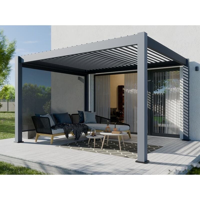 Direct Abris - Pergola Bioclimatique Aluminium Autoportée 12m2 - 3x4m - Store Lateral Inclus - Anthracite - 24 lames en Acier Galvanisé Inclinables a