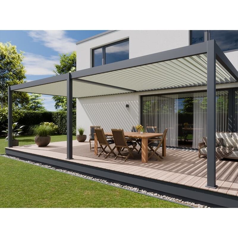 Direct Abris - Pergola Bioclimatique Aluminium Adossee 32m2 - 4x8 - Anthracite - Lames Orientables Jusqu'a 120° - Etanche - Traite Anti-UV - halo