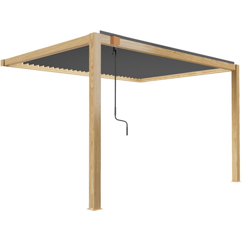 Pergola bioclimatique adossée 3 x 4 m en aluminium gris décor bois