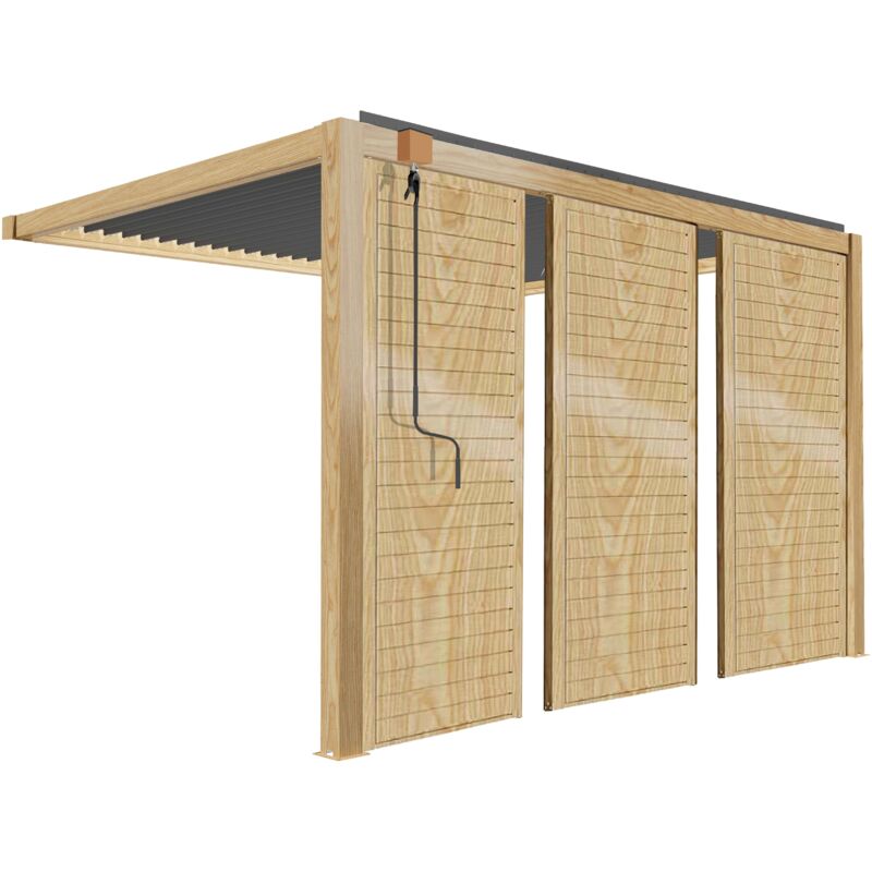 Oviala - Pergola bioclimatique adossée 3 x 4 m décor bois avec 3 claustras