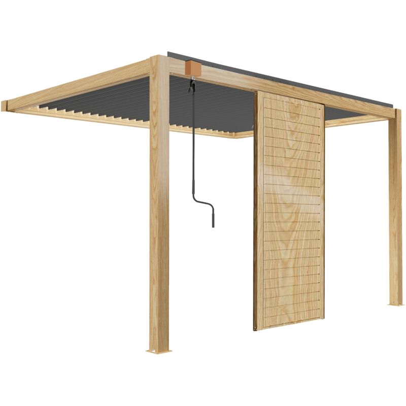 Oviala - Pergola bioclimatique adossée 3 x 4 m gris décor bois avec 1 claustra