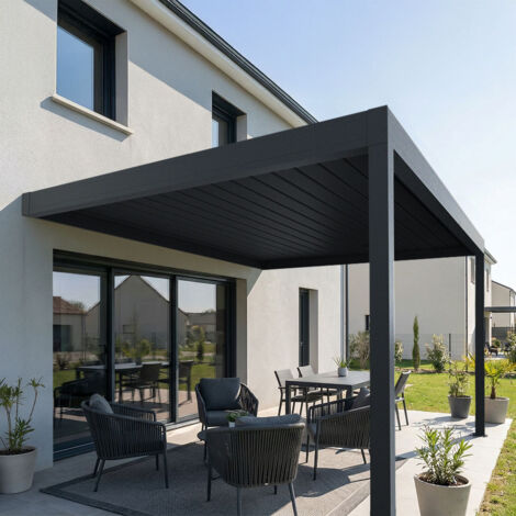 Pergola bioclimatique adossée LOLITE (Motorisation à télécommande - Gris anthracite RAL 7016)