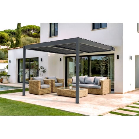 Pergola bioclimatique adossée PIANA 3x3m aluminium gris - Lames orientables