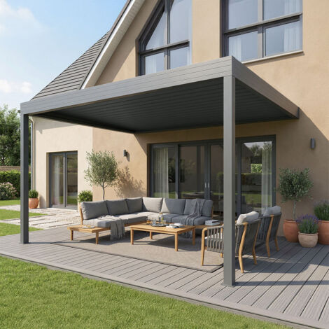 Pergola bioclimatique adossée SPINELLE (Motorisation à télécommande - Gris anthracite RAL 7016)