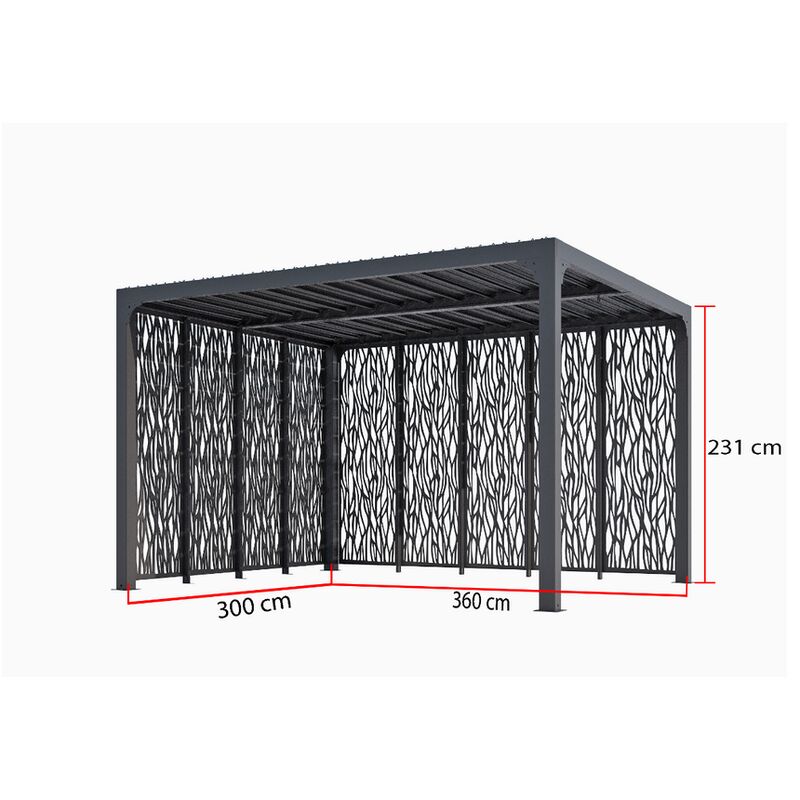 Pergola bioclimatique aluminium avec panneaux moucharabieh coloris gris pour côté 3 m + côté 3.60 m - Habrita - per36m30mbi