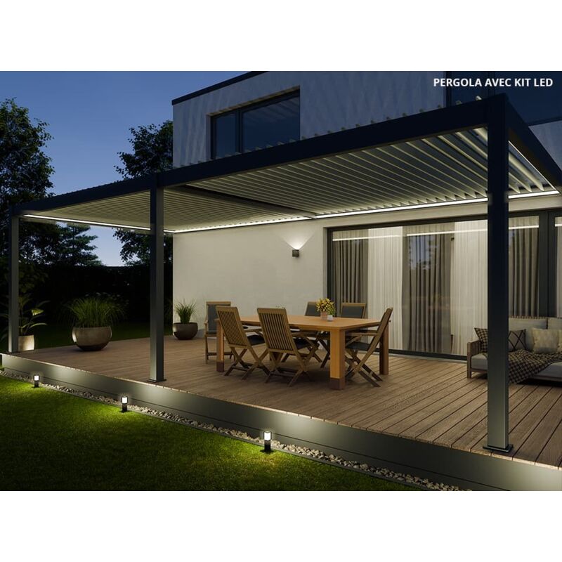 Direct Abris - Pergola Bioclimatique Aluminium Autoportée 32m2 - 4x8m - Kit led Inclus - Anthracite - 50 lames en Aluminium a 120° - halo