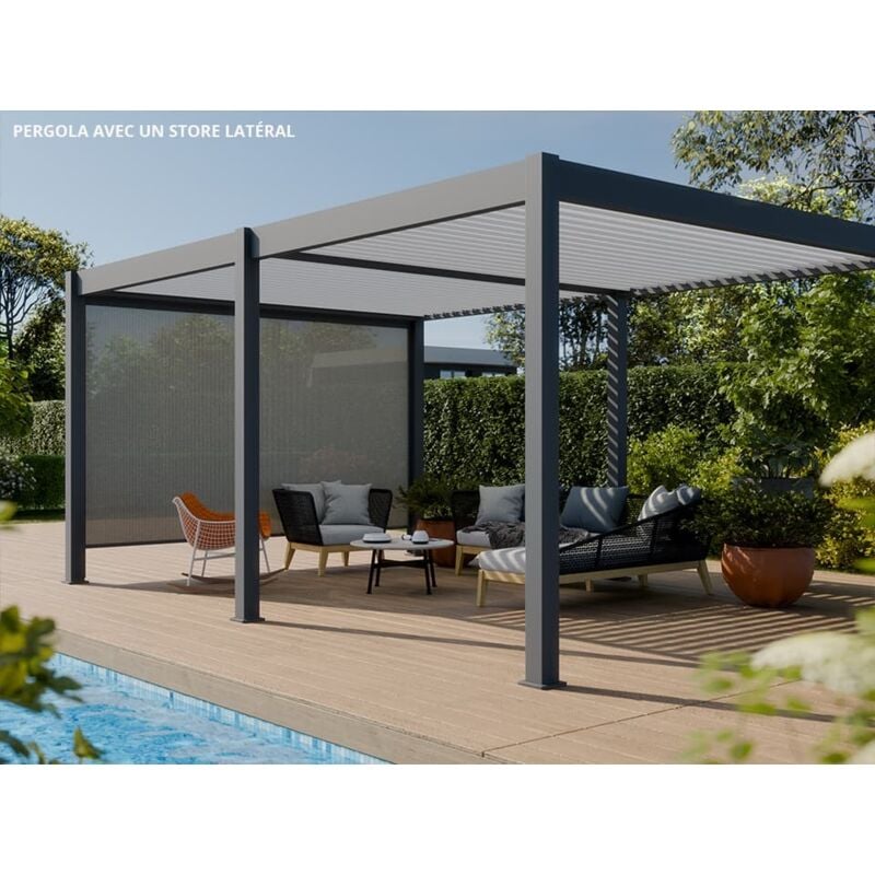 Direct Abris - Pergola Bioclimatique Aluminium Autoportée 19m2 - 3,6x5,3 - Store Latéral Inclus - Anthracite - 34 lames en Aluminium a 120°