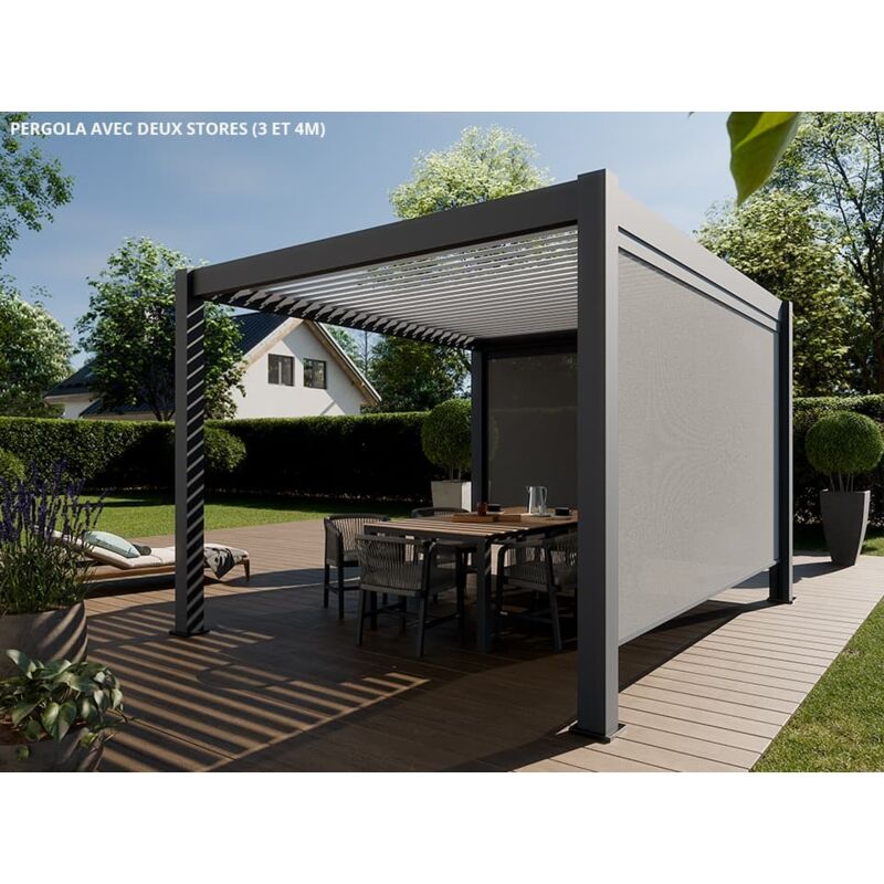 Direct Abris - Pergola Bioclimatique Aluminium Autoportée 12m2 - 3x4m Deux Stores Inclus - Anthracite - 25 Lames en Aluminium Inclinable à 120°
