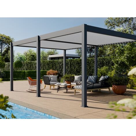 Pergola Bioclimatique Aluminium Autoportee 19m2 - 3,6x5,3m Gris - ECLIPSE - Lames Orientables de 0 à 120°