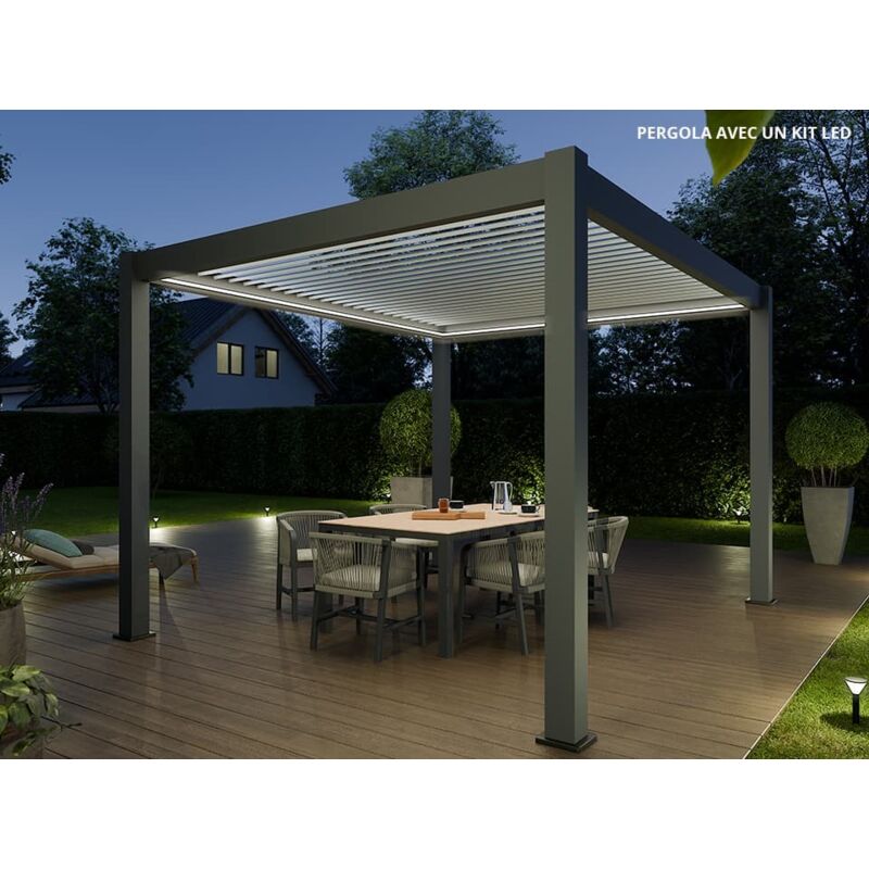 Direct Abris - Pergola Bioclimatique Aluminium Autoportée 12m2 - 3x4 - Kit led Inclus - Anthracite - 25 lames en Aluminium a 120° - eclipse
