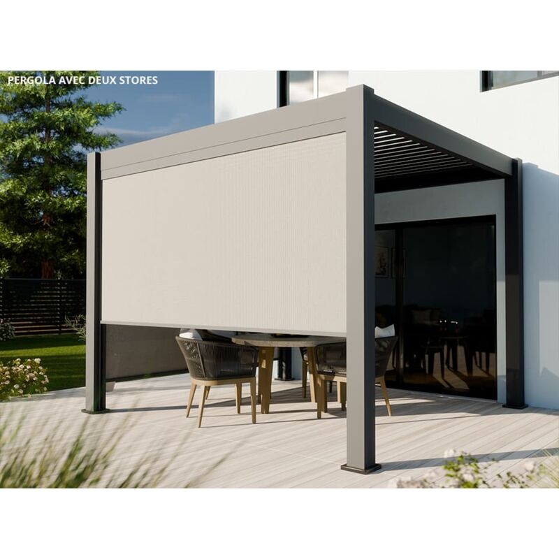 Direct Abris - Pergola Bioclimatique Aluminium Autoportée 9m2 - 3x3 m Deux Stores 3m Inclus - 19 Lames Aluminium Inclinables a 90° - Tonnelle
