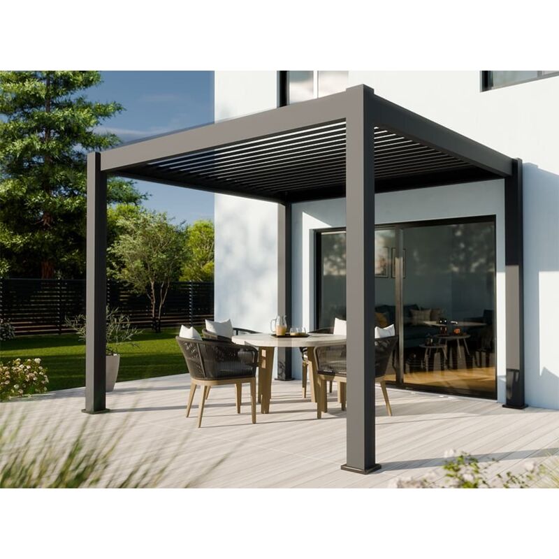 Direct Abris - Pergola Bioclimatique Aluminium Autoportee 9m2 - 3X3m - Gris - Ouverture des Lames Jusqu&#039;à 90° - Lames en Acier Galvanisé - aurora