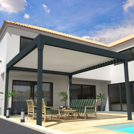 Pergola Bioclimatique COCOON XL îlot Mixte Gris anthracite / Blanc 4,50x4,100m (Vérin à télécommande)