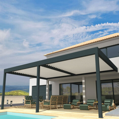 Pergola Bioclimatique COCOON XL Mixte Gris anthracite / Blanc 9,00x4,110m (Vérin à télécommande + Kit LED 3 cotés)