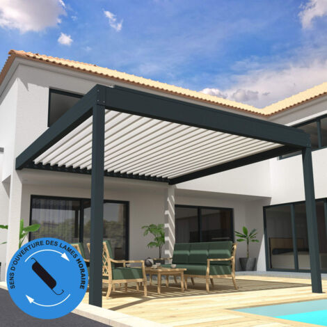 Pergola Bioclimatique COCOON XL perpendiculaire Mixte Gris anthracite / Blanc 4,965x4,50m (Vérin à télécommande)