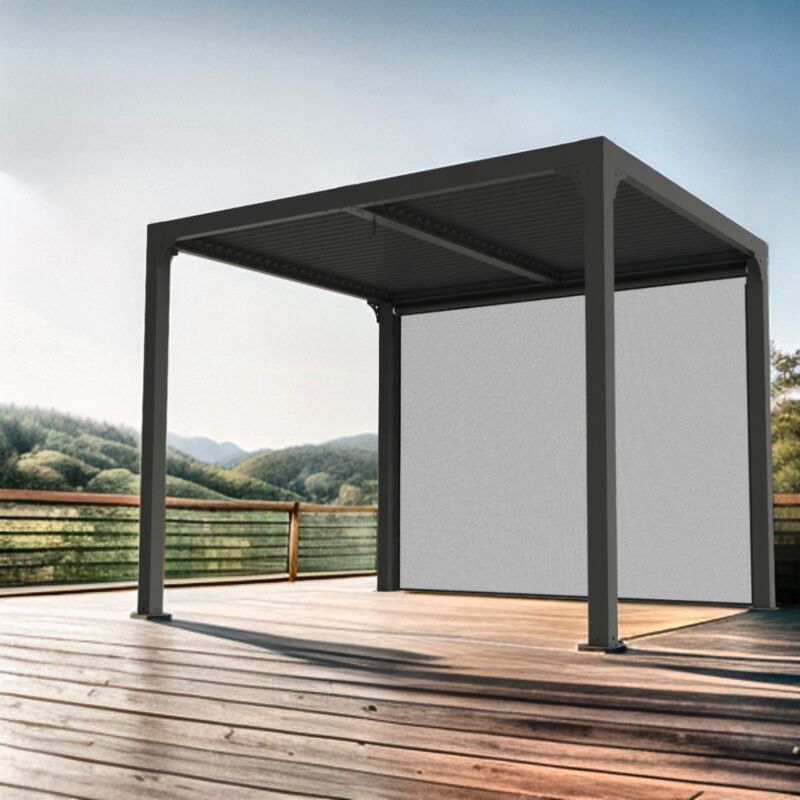 Habrita - Pergola bioclimatique en aluminium + rideau manuel - 7,20 m2 - toit en lames mobiles - gris anthracite