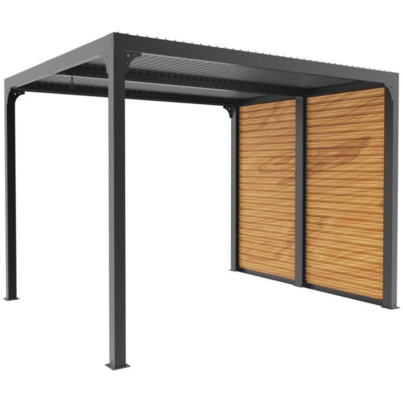 Habrita Foresta - Pergola bioclimatique PER2430VBBI aluminium 7,2m2 gris anthracite avec ventelles latérales mobiles imitation bois pour côté 3m