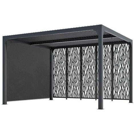 Pergola bioclimatique Habrita Foresta PER36M30R BI alu 10,80m2 gris avec panneaux moucharabieh pour côté 3,60m et rideau manuel pour côté 3m