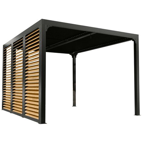 Pergola bioclimatique Habrita Foresta PER36VB30BI avec ventelles latérales alu côté 3,6m imitation bois 10,80m2 gris anthracite