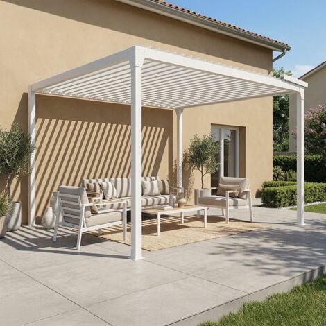 Pergola bioclimatique îlot BERYL 3,50x4,00 M Vérin à Télécommande (Blanc satiné RAL9010)
