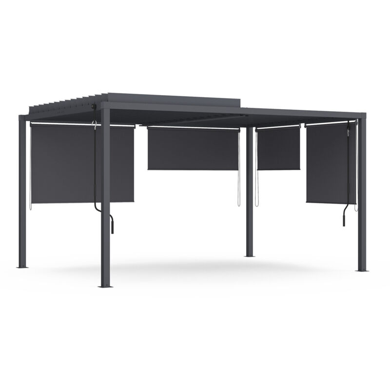 Pergola bioclimatique lames orientables polycarbonate 3x4M et 4 stores gris anthracite
