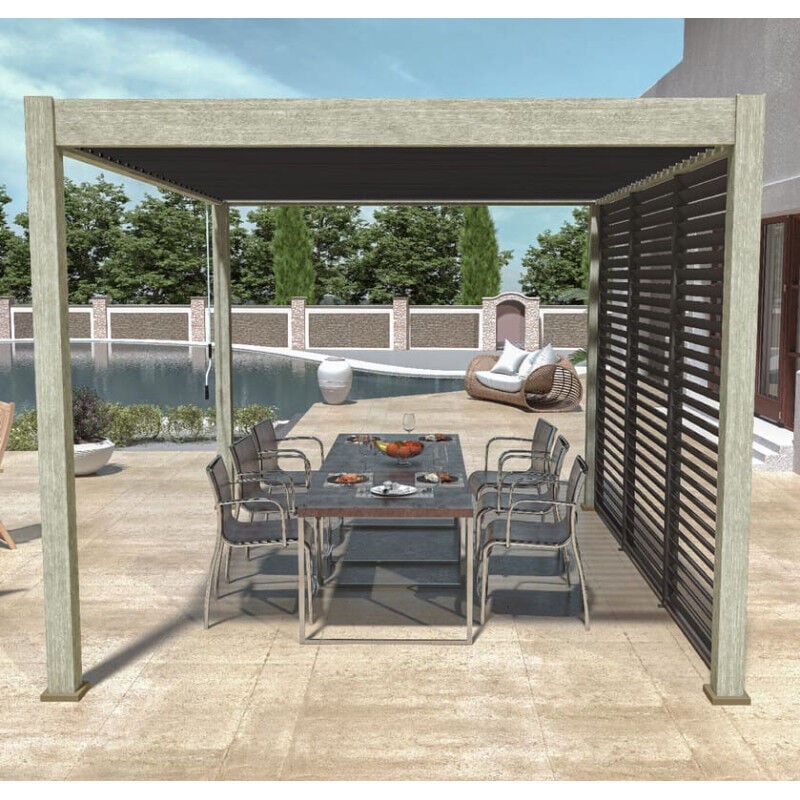 Pergola bioclimatique Ombréa 3x4M autoportée Woodlook/Anthracite + 1 panneau brise vue 1M Anthracite VS