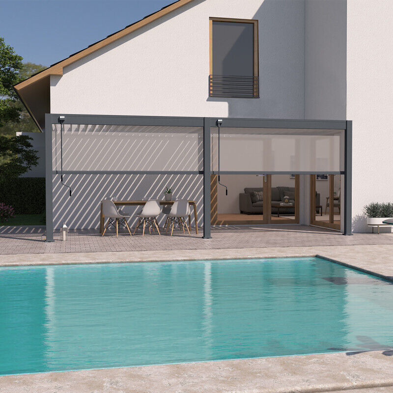 Ombrea - Pergola bioclimatique Ombréa adossée vs 3x6M Anthracite + 2 stores