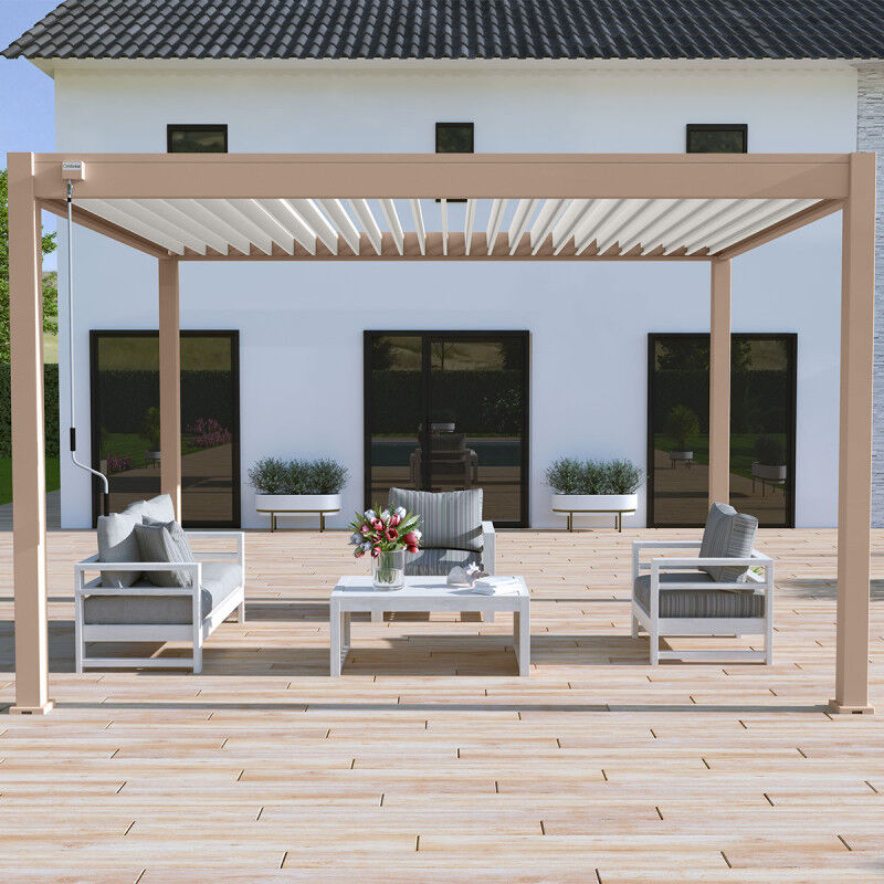 Pergola bioclimatique Ombréa autoportante vs - 3x4M Beige + 1 store 4M blanc