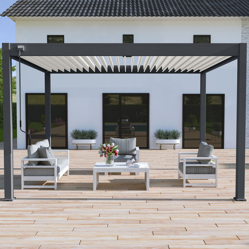 Pergola bioclimatique Ombréa autoportante vs - 3x4M bicolore + 1 store 4M blanc
