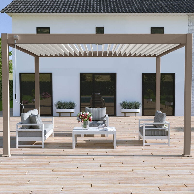Pergola bioclimatique Ombréa autoportante vs - 3x4M Taupe + 1 store 4M blanc
