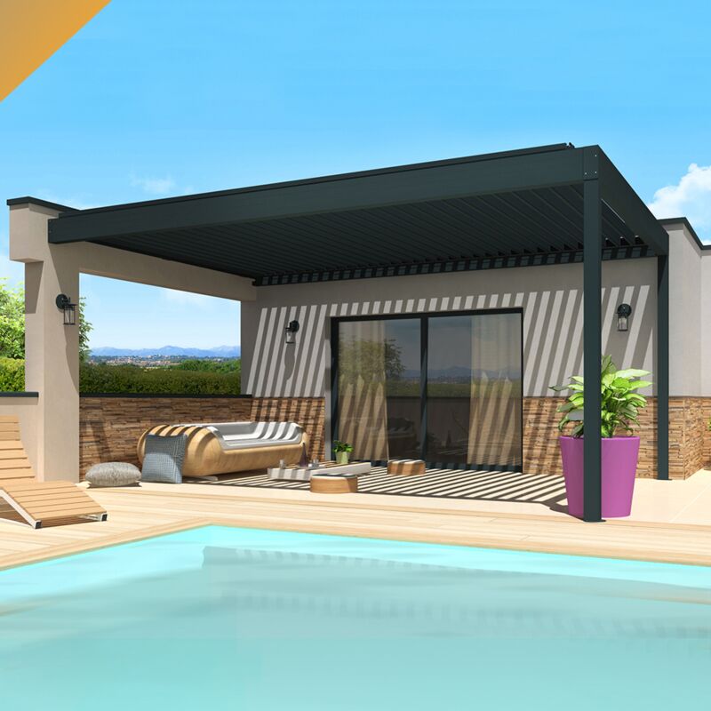 Intersun - Pergola Bioclimatique spinelle 4,50x6,037 m Verins à Télécommande (Gris Anthracite) - Gris Anthracite
