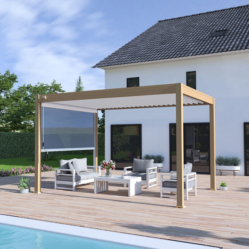Ombrea - Pergola bioclimatique vs Ombréa autoportante 3x4M - Woodlook bois naturel + 1 store 4M blanc